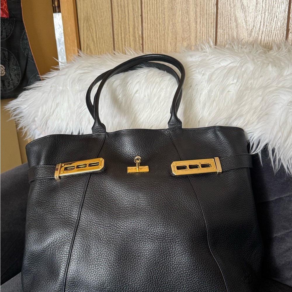 Birkin style Black Leather Tote Bag